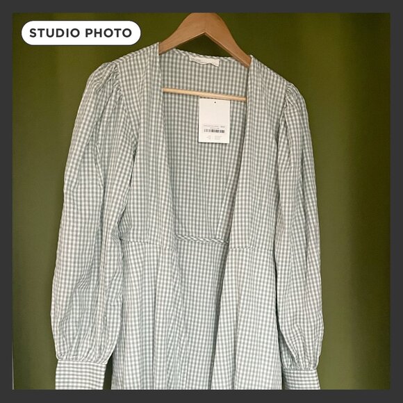 OAK + FORT, Green Gingham Wrap Dress, Small - Picture 5 of 7